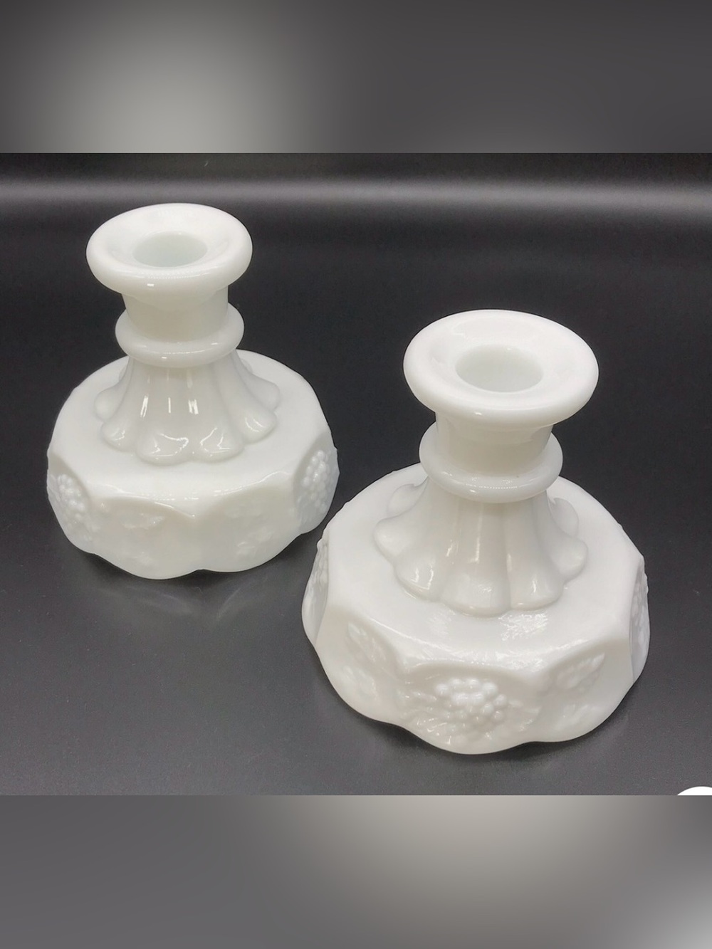 Westmoreland White Milk Glass Paneled Grape Candle Stick Holders Set 4"  VTG